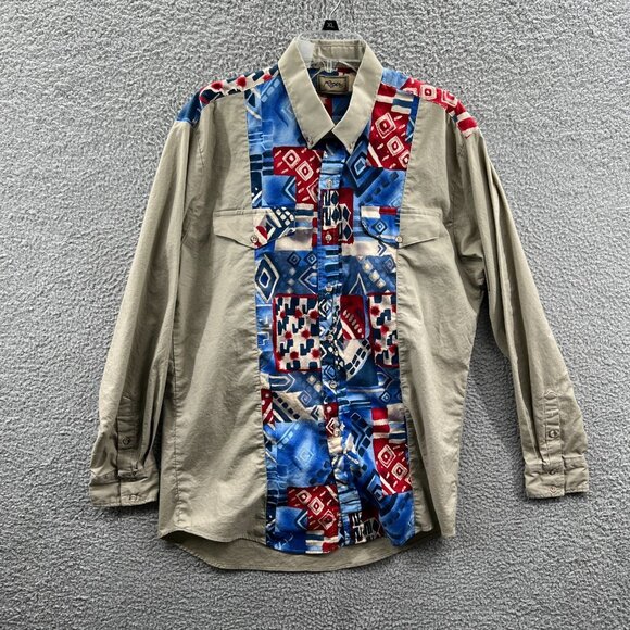 Roper Womens Western Shirt XL Khaki Blue Cowgirl Chic Ranch Rodeo Heritage Boho - Picture 1 of 9